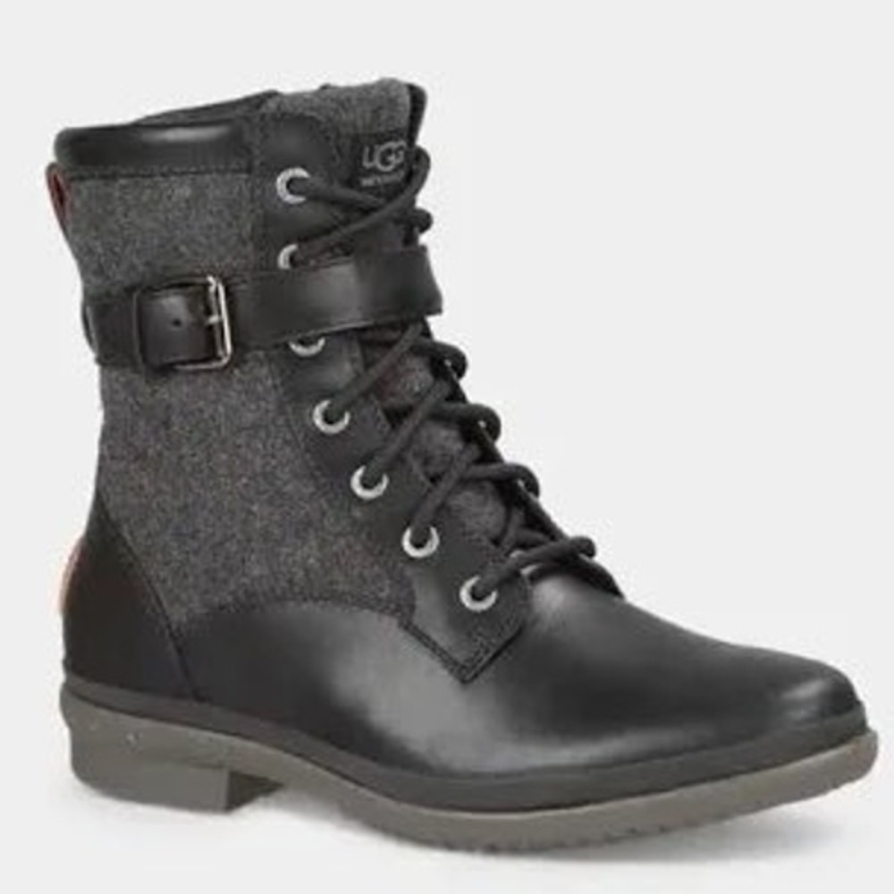 UGG Kesey Waterproof Boots Women 9 Black Excellent Leather Wool Moto Combat